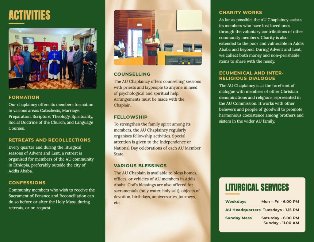 AU Chaplaincy flyer 2026, inside: our activities and liturgical services