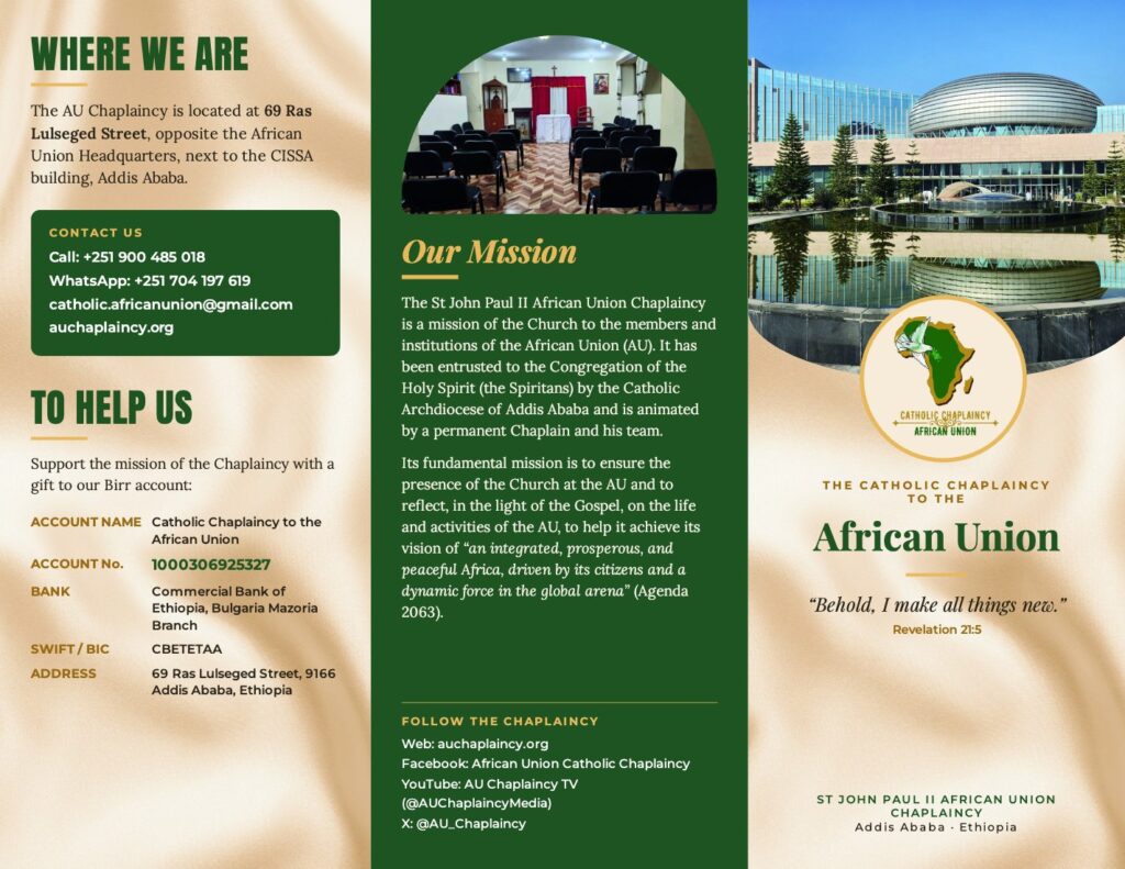 AU Chaplaincy flyer 2026, outside: cover, mission and bank details